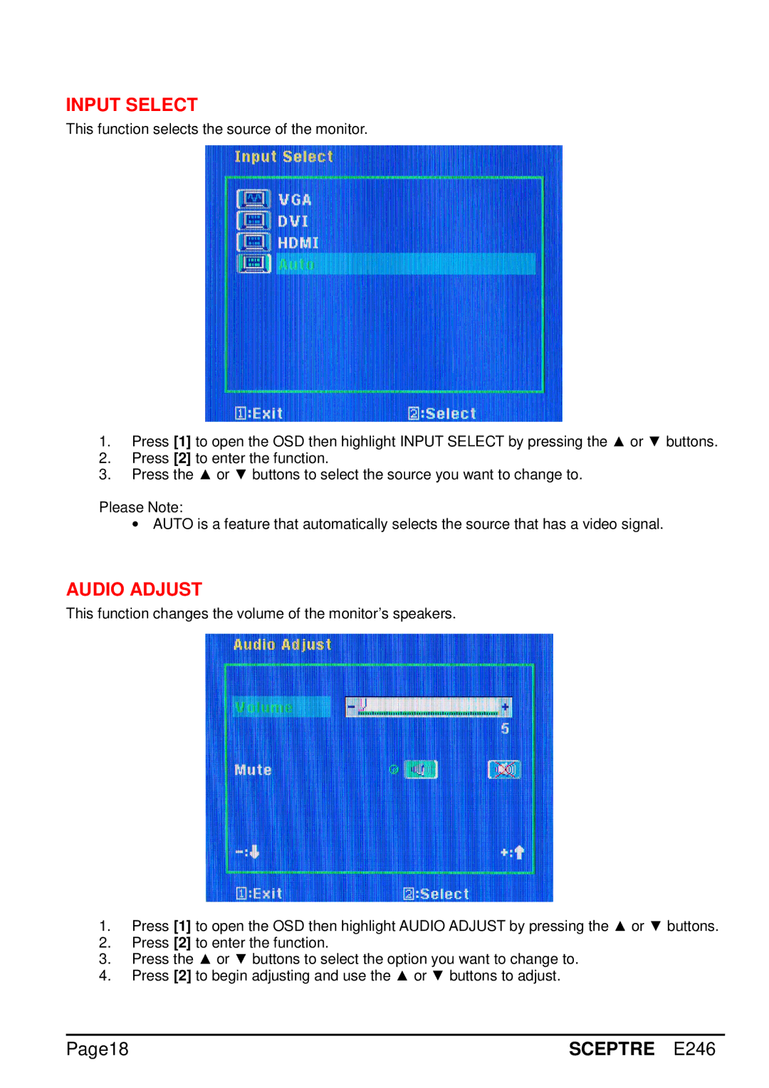 Sceptre Technologies E246 manual Input Select, Audio Adjust 