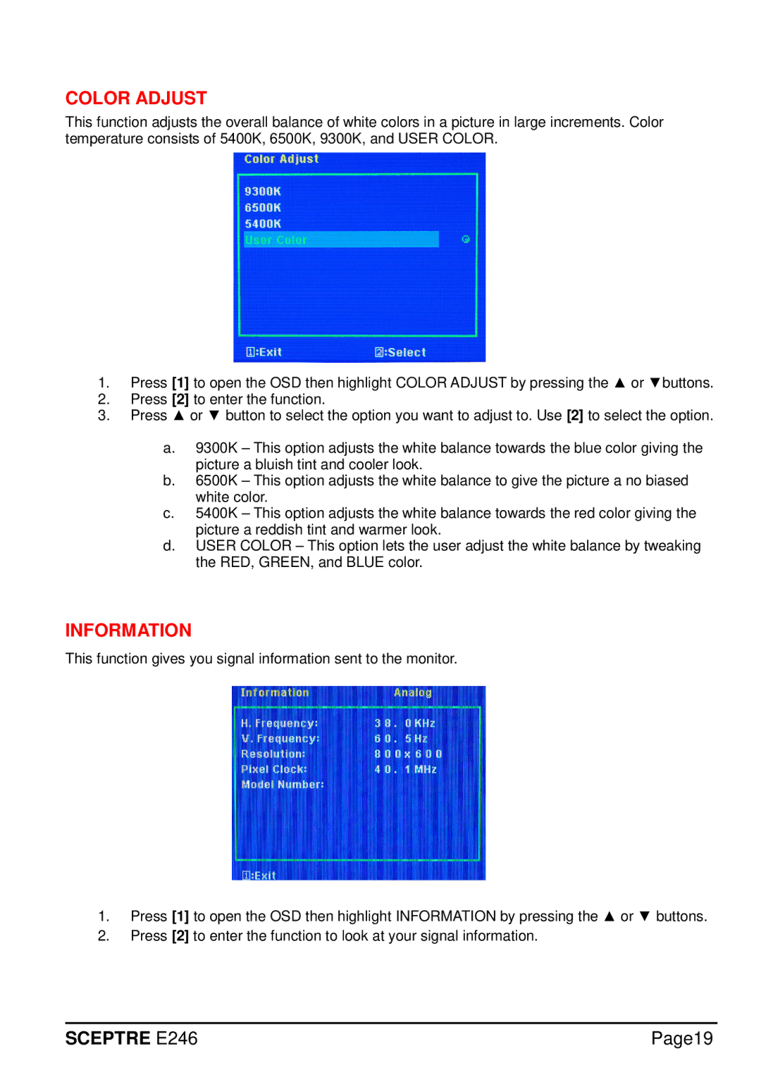 Sceptre Technologies E246 manual Color Adjust, Information 