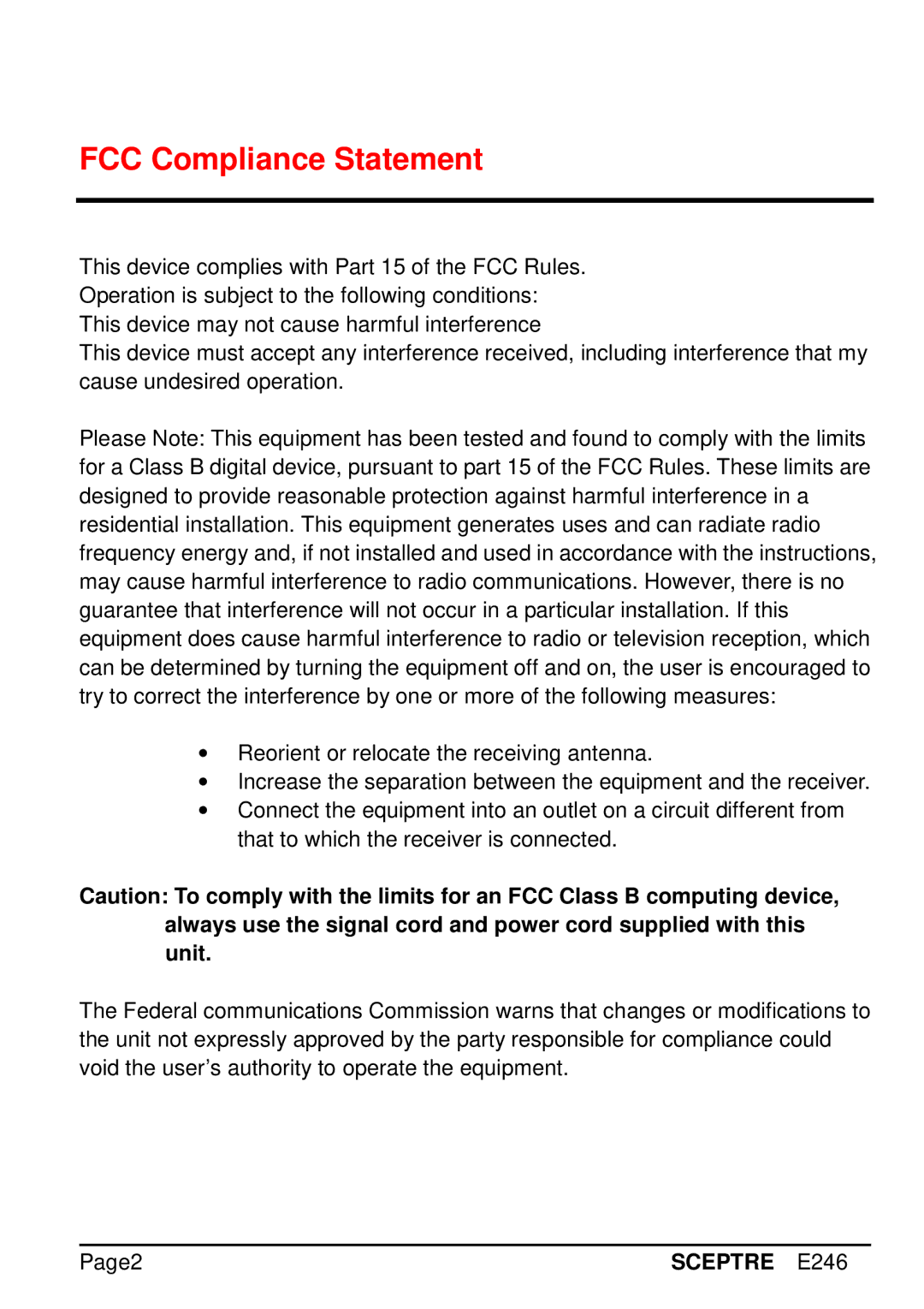 Sceptre Technologies E246 manual FCC Compliance Statement 