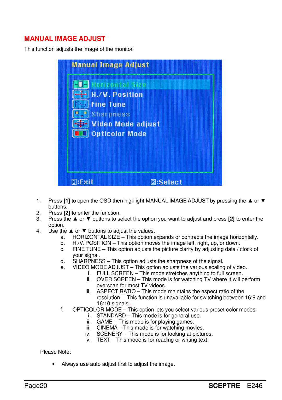 Sceptre Technologies E246 manual Manual Image Adjust 