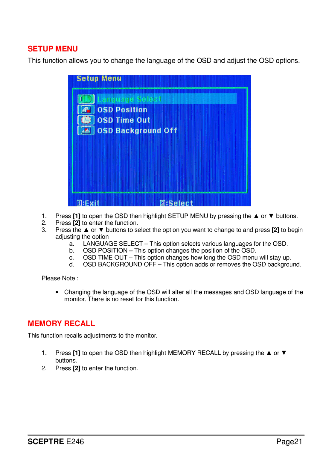 Sceptre Technologies E246 manual Setup Menu, Memory Recall 