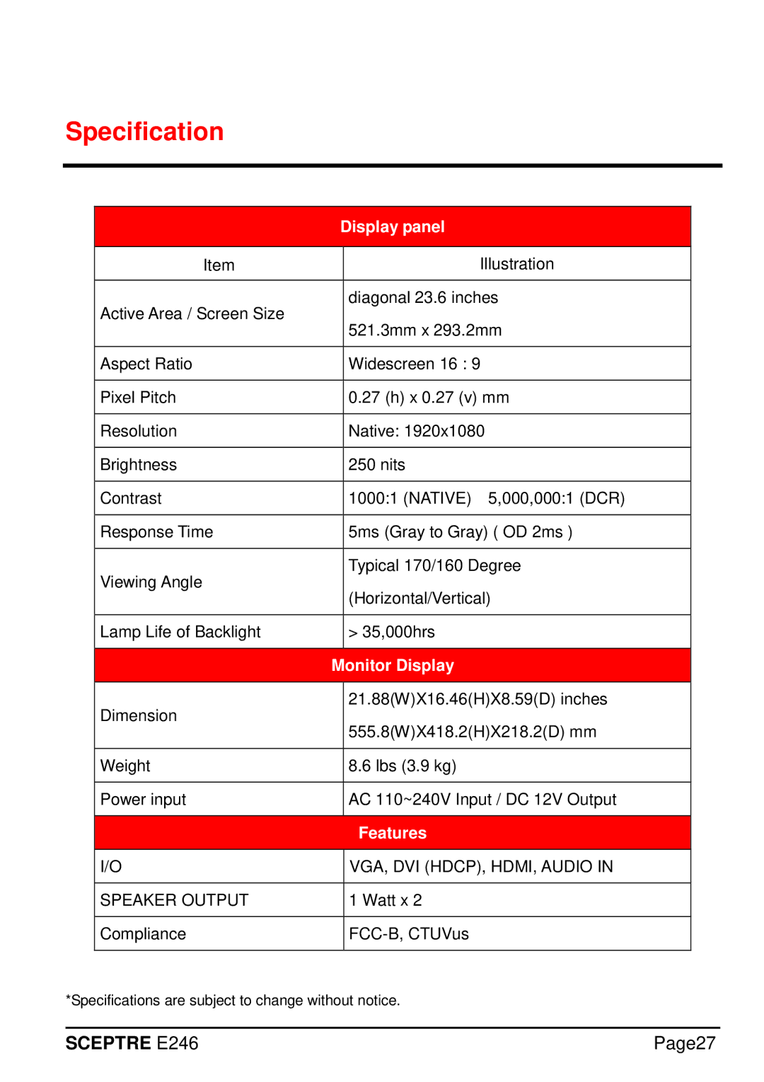 Sceptre Technologies E246 manual Specification, Display panel 