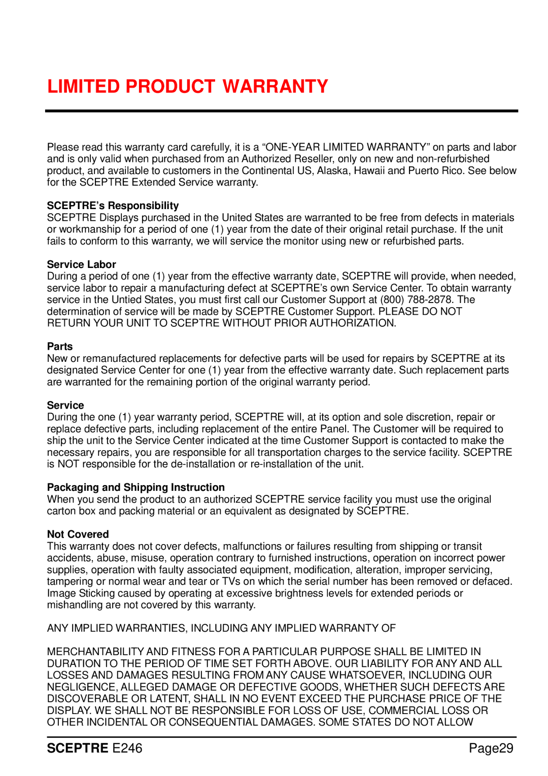 Sceptre Technologies E246 manual Limited Product Warranty 