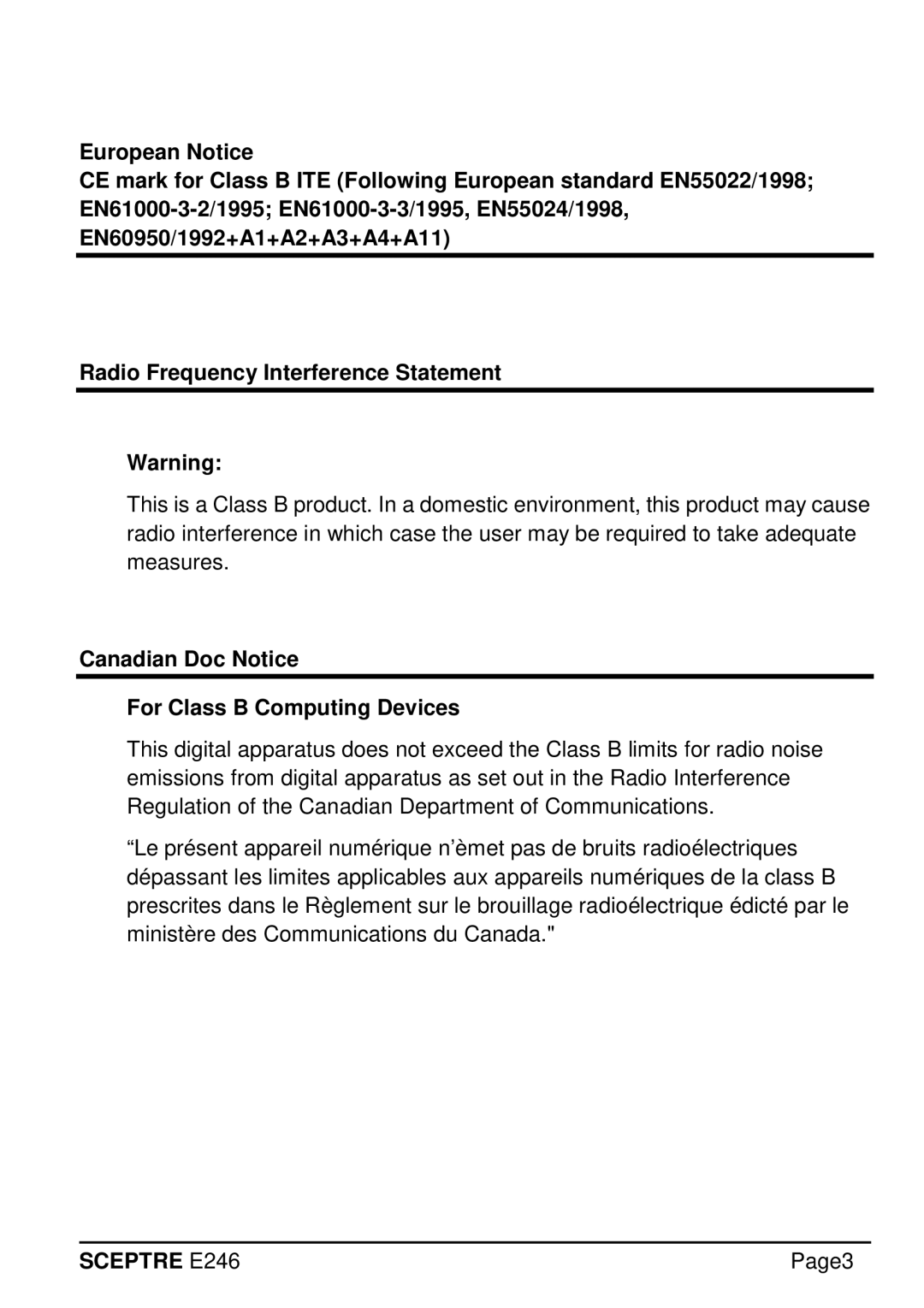 Sceptre Technologies E246 manual Canadian Doc Notice For Class B Computing Devices 