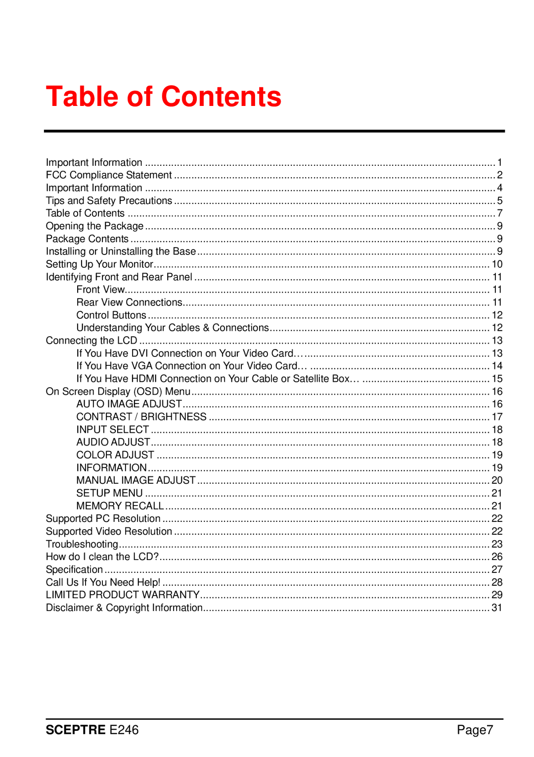 Sceptre Technologies E246 manual Table of Contents 