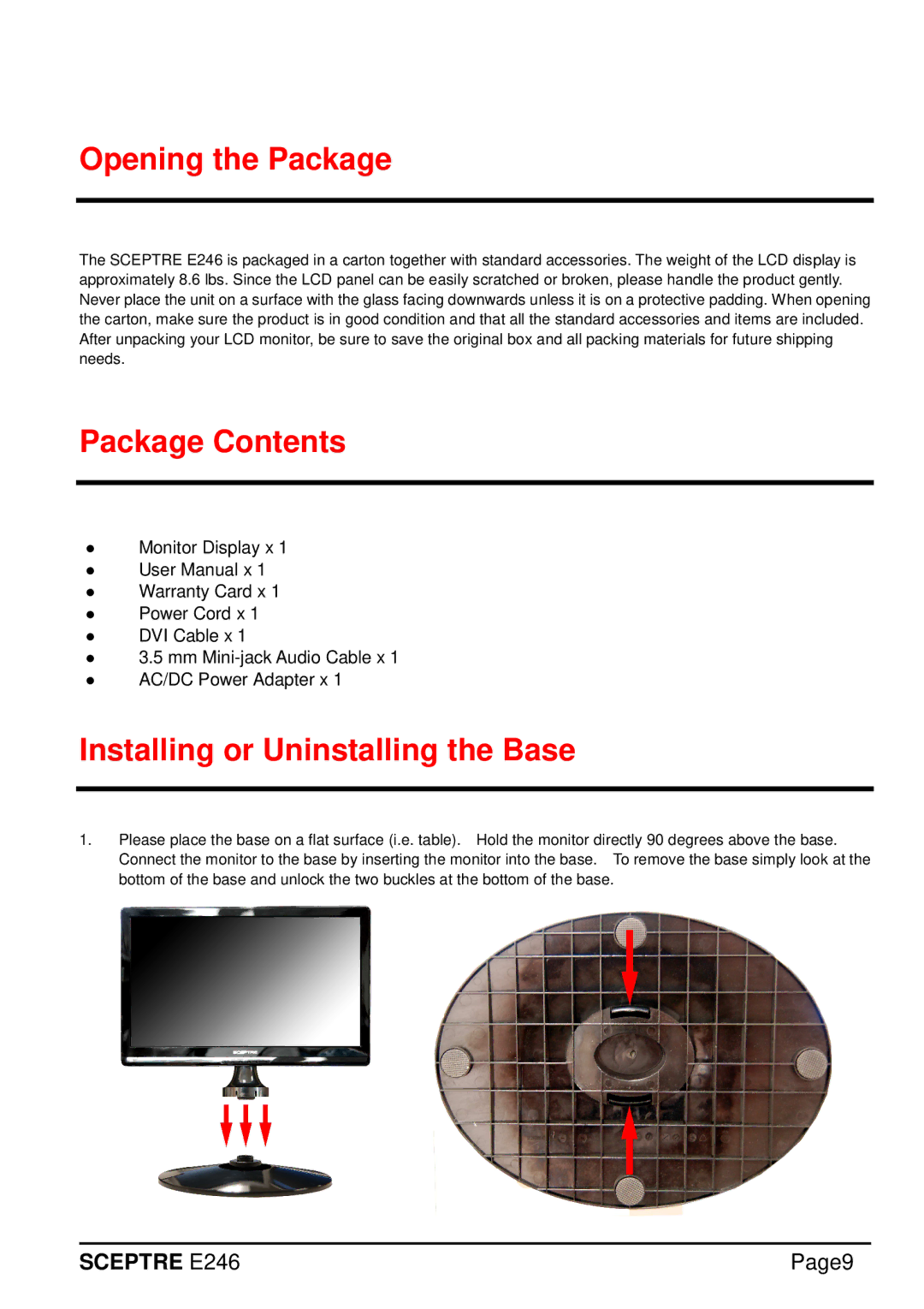 Sceptre Technologies E246 manual Opening the Package, Package Contents, Installing or Uninstalling the Base 