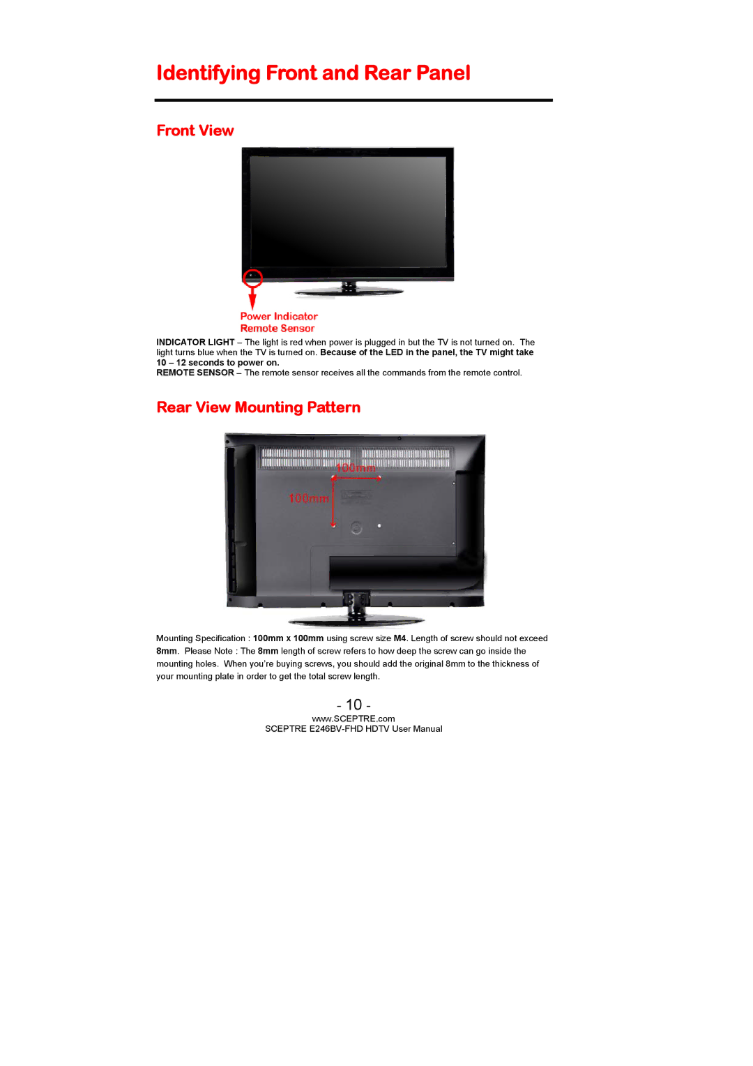 Sceptre Technologies LED HDTV, E246BV-FHD Identifying Front and Rear Panel, Front View, Rear View Mounting Pattern 