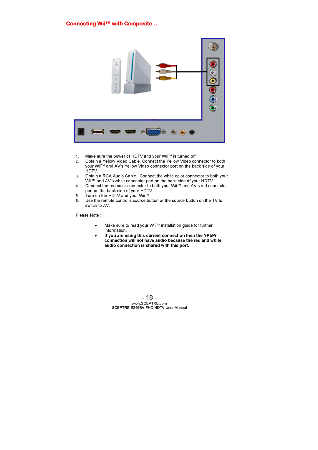 Sceptre Technologies E246BV-FHD, LED HDTV, E236BV-FHD user manual Connecting Wii with Composite… 