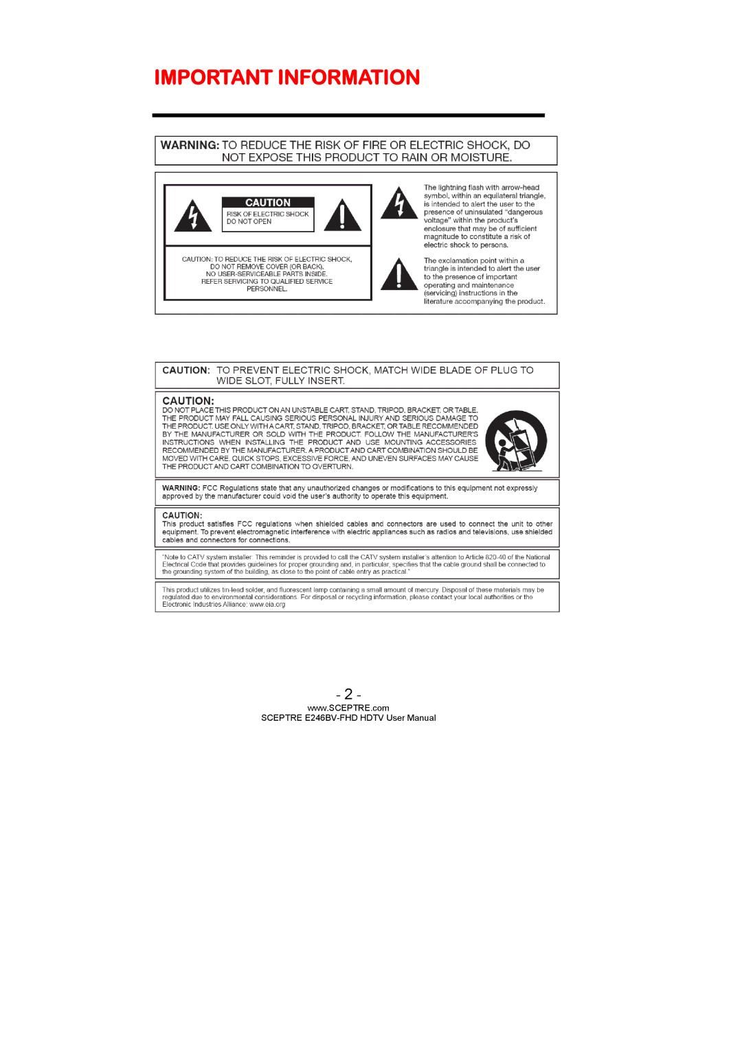 Sceptre Technologies E236BV-FHD, E246BV-FHD, LED HDTV user manual Important Information 