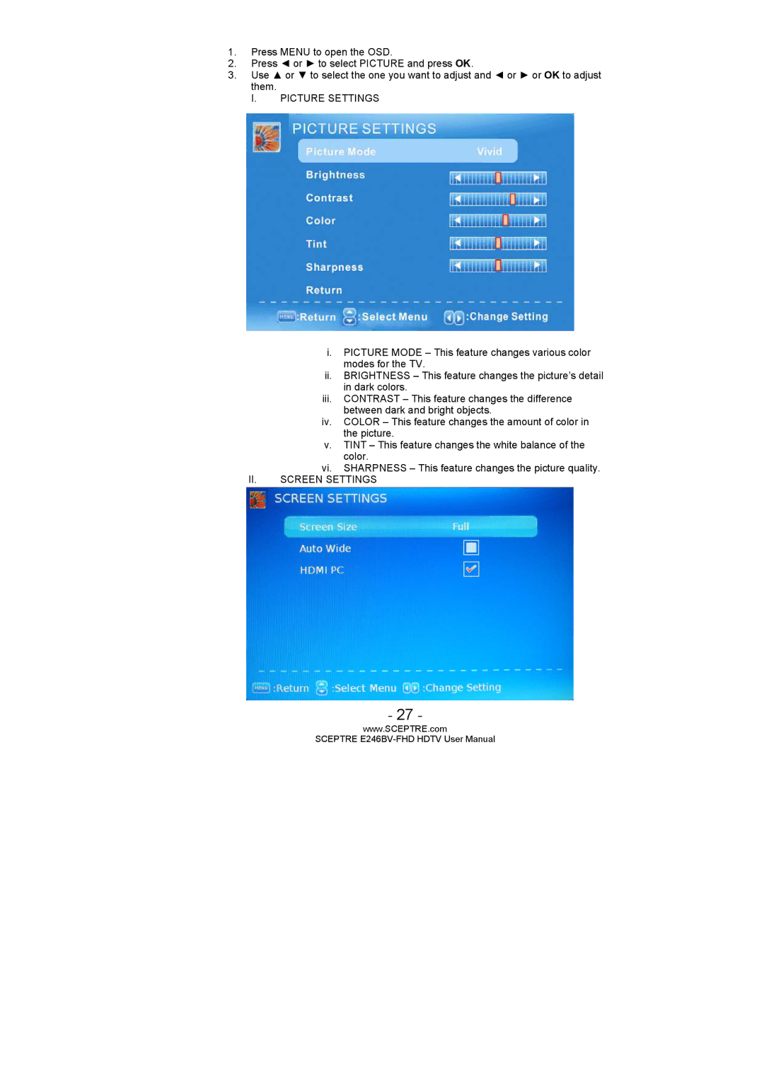 Sceptre Technologies E246BV-FHD, LED HDTV, E236BV-FHD user manual Picture Settings, II. Screen Settings 