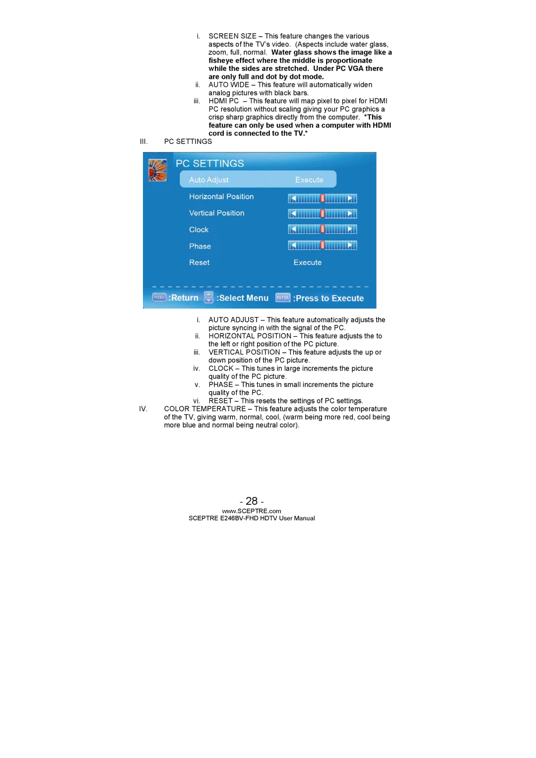 Sceptre Technologies LED HDTV, E246BV-FHD, E236BV-FHD user manual III. PC Settings 