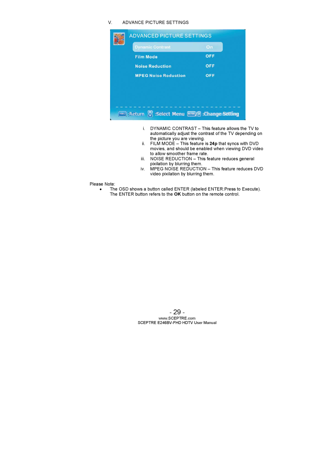 Sceptre Technologies E236BV-FHD, E246BV-FHD, LED HDTV user manual Advance Picture Settings 