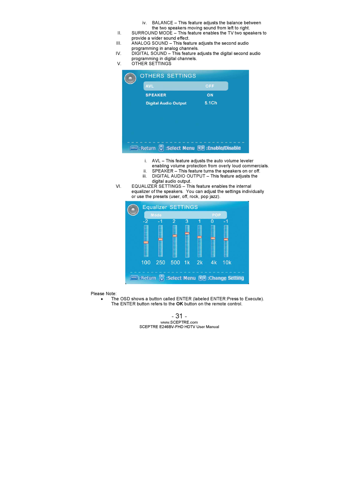 Sceptre Technologies LED HDTV, E246BV-FHD, E236BV-FHD user manual Other Settings 