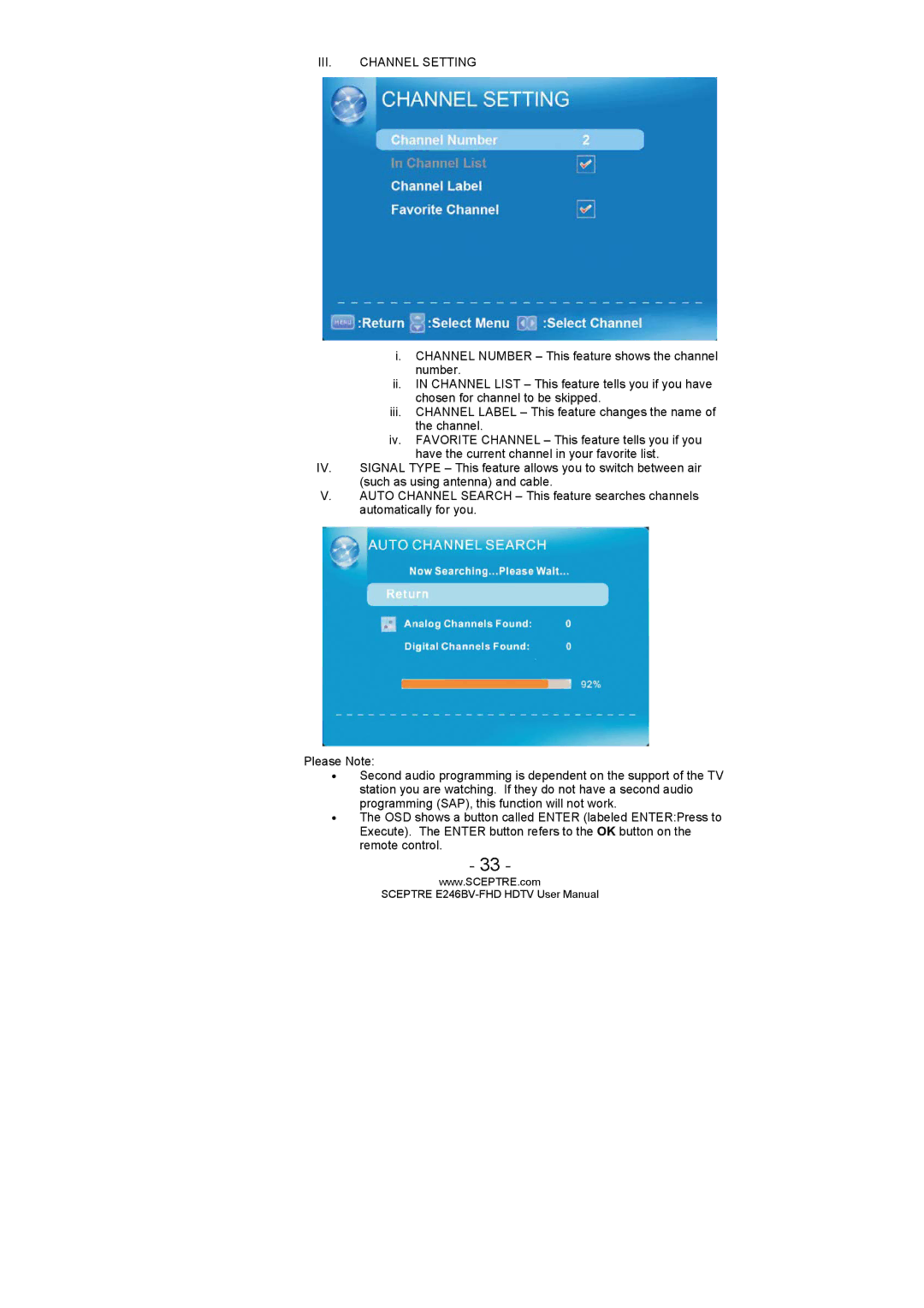 Sceptre Technologies E246BV-FHD, LED HDTV, E236BV-FHD user manual III. Channel Setting 