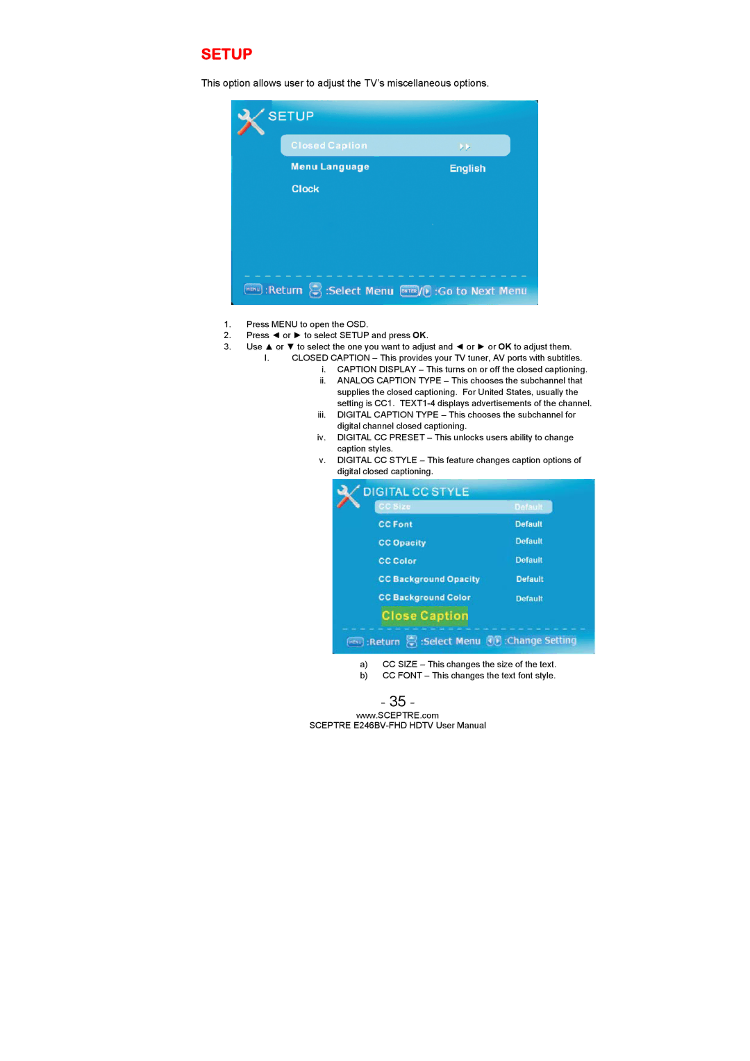 Sceptre Technologies E236BV-FHD, E246BV-FHD, LED HDTV user manual Setup 