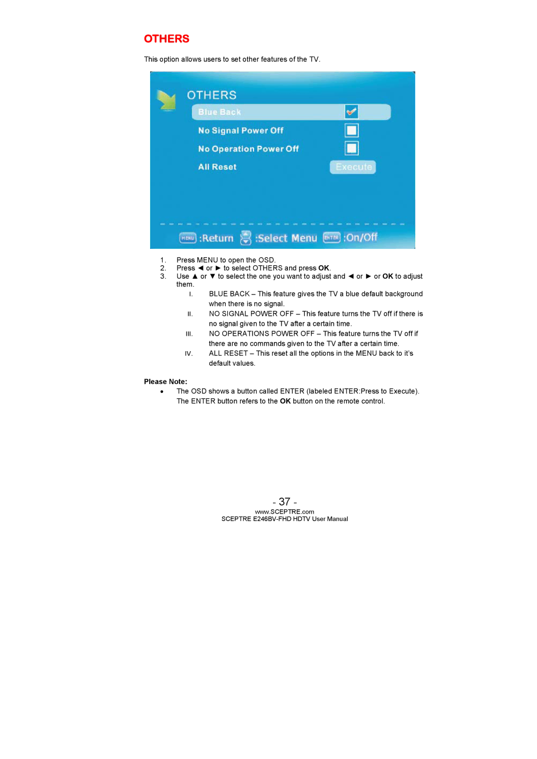 Sceptre Technologies LED HDTV, E246BV-FHD, E236BV-FHD user manual Others 