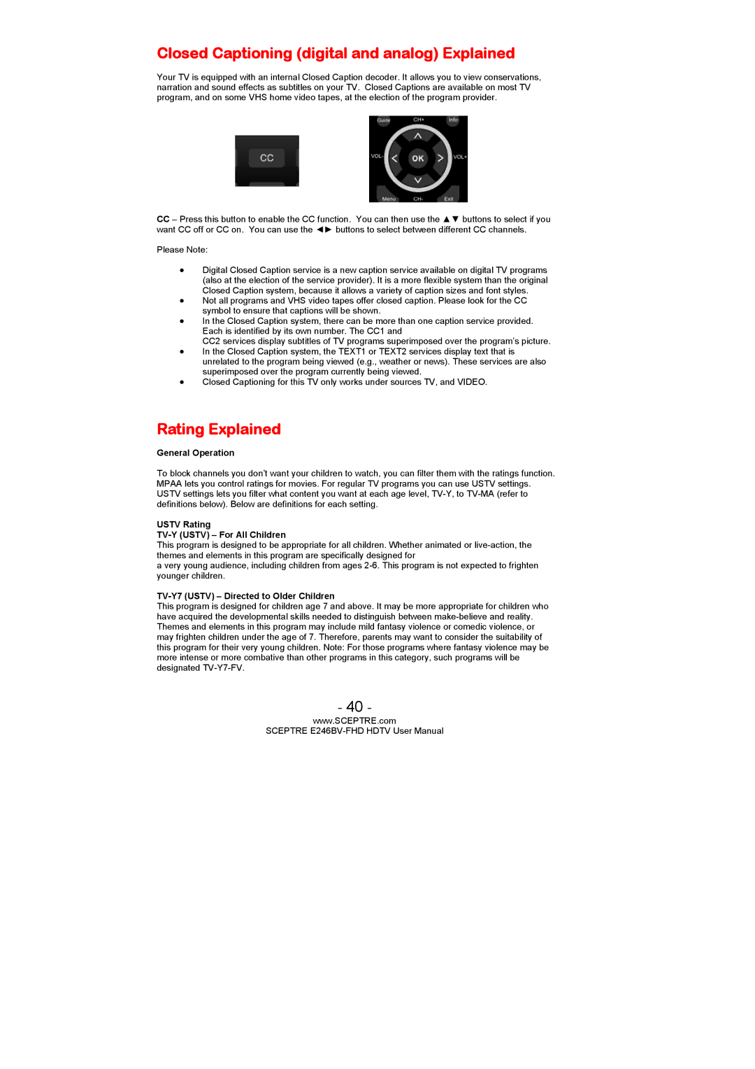 Sceptre Technologies LED HDTV Closed Captioning digital and analog Explained, Rating Explained, General Operation 