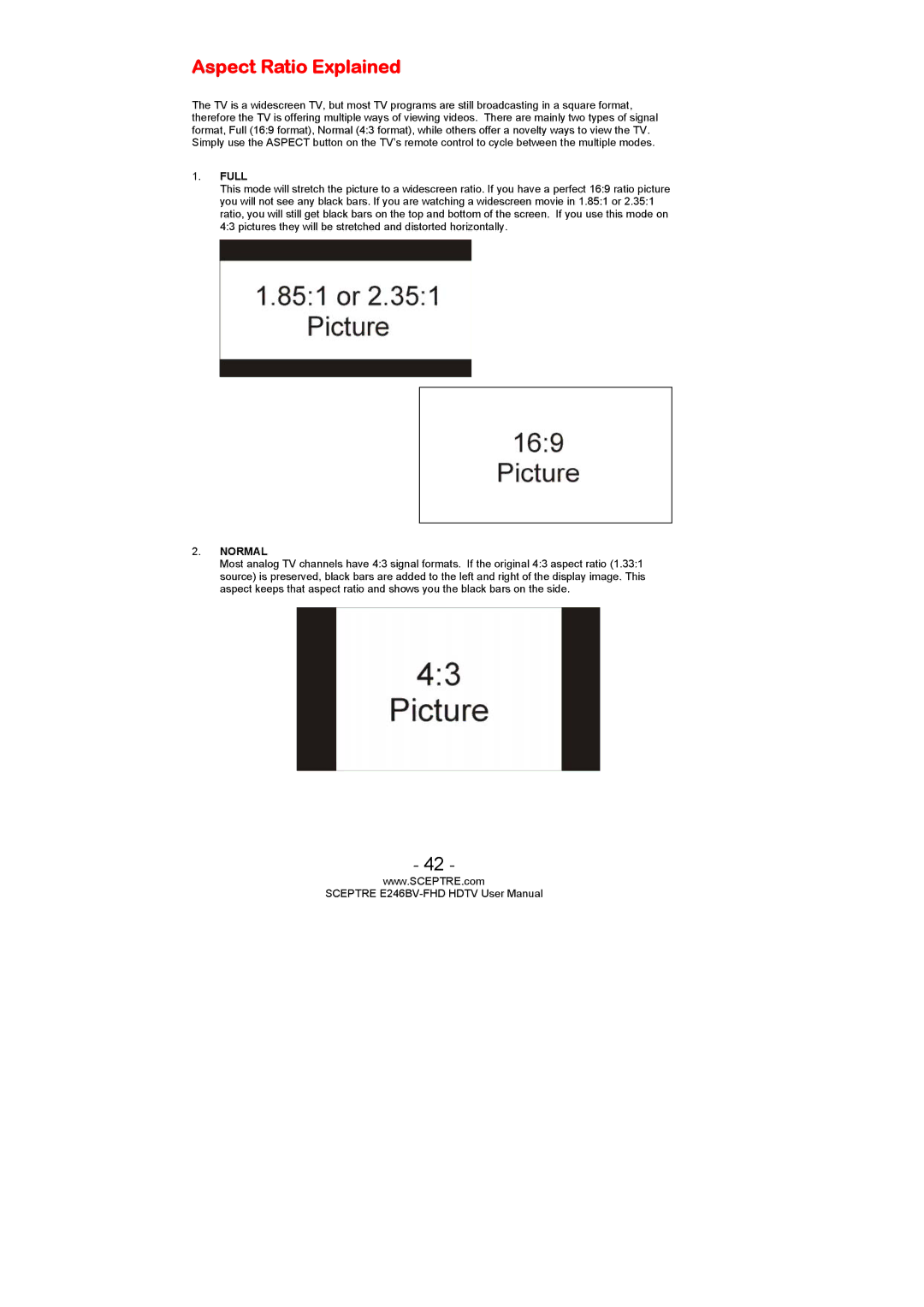 Sceptre Technologies E246BV-FHD, LED HDTV, E236BV-FHD user manual Aspect Ratio Explained, Full 