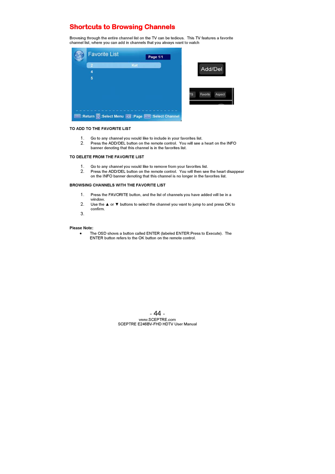 Sceptre Technologies E236BV-FHD, E246BV-FHD, LED HDTV user manual Shortcuts to Browsing Channels, To ADD to the Favorite List 