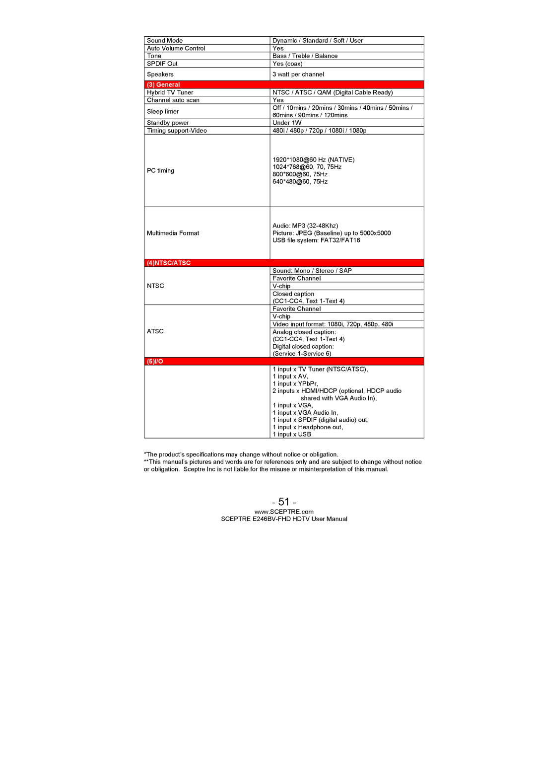 Sceptre Technologies E246BV-FHD, LED HDTV, E236BV-FHD user manual 4NTSC/ATSC 