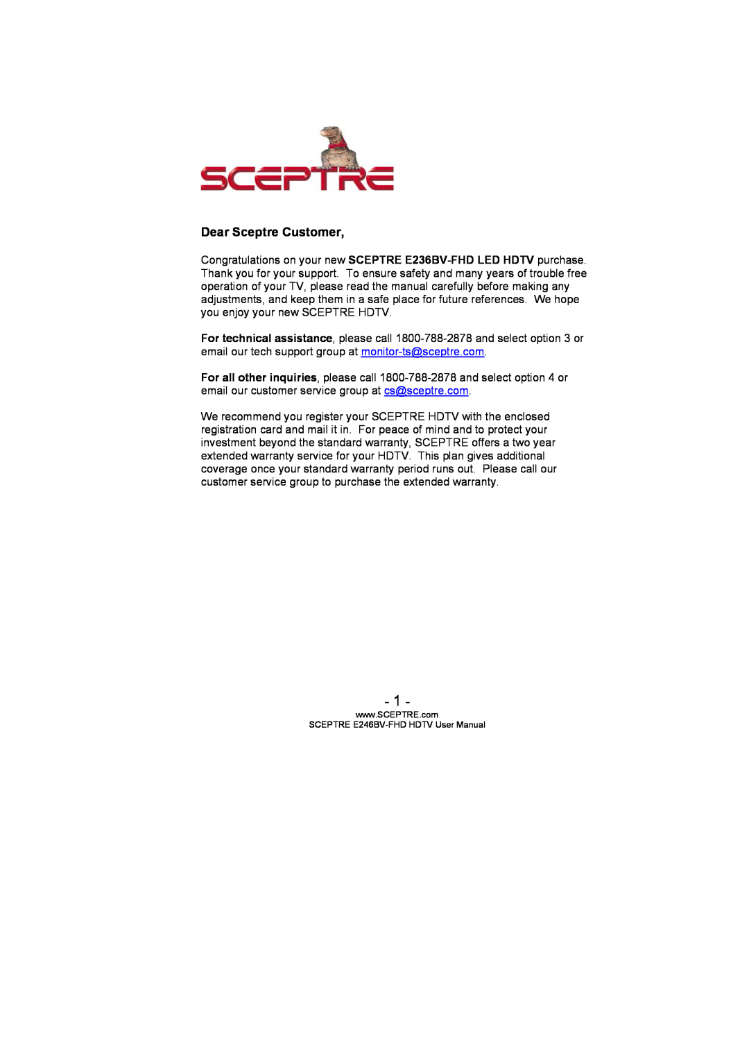 Sceptre Technologies LED HDTV, E236BV-FHD user manual Dear Sceptre Customer, SCEPTRE E246BV-FHD HDTV User Manual 