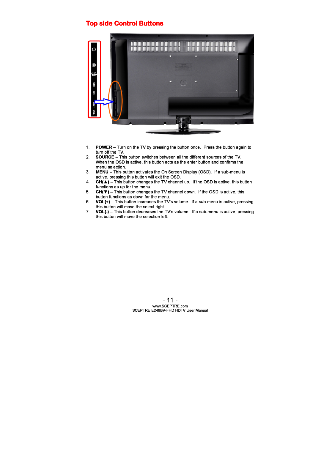 Sceptre Technologies E236BV-FHD, E246BV-FHD, LED HDTV user manual Top side Control Buttons 