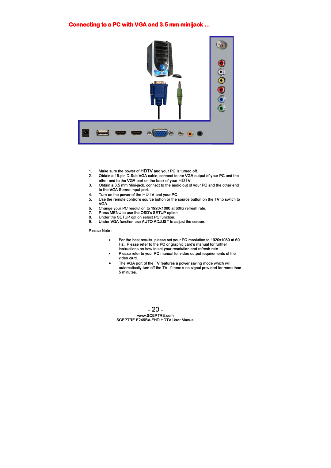 Sceptre Technologies E236BV-FHD, E246BV-FHD, LED HDTV user manual Connecting to a PC with VGA and 3.5 mm minijack … 