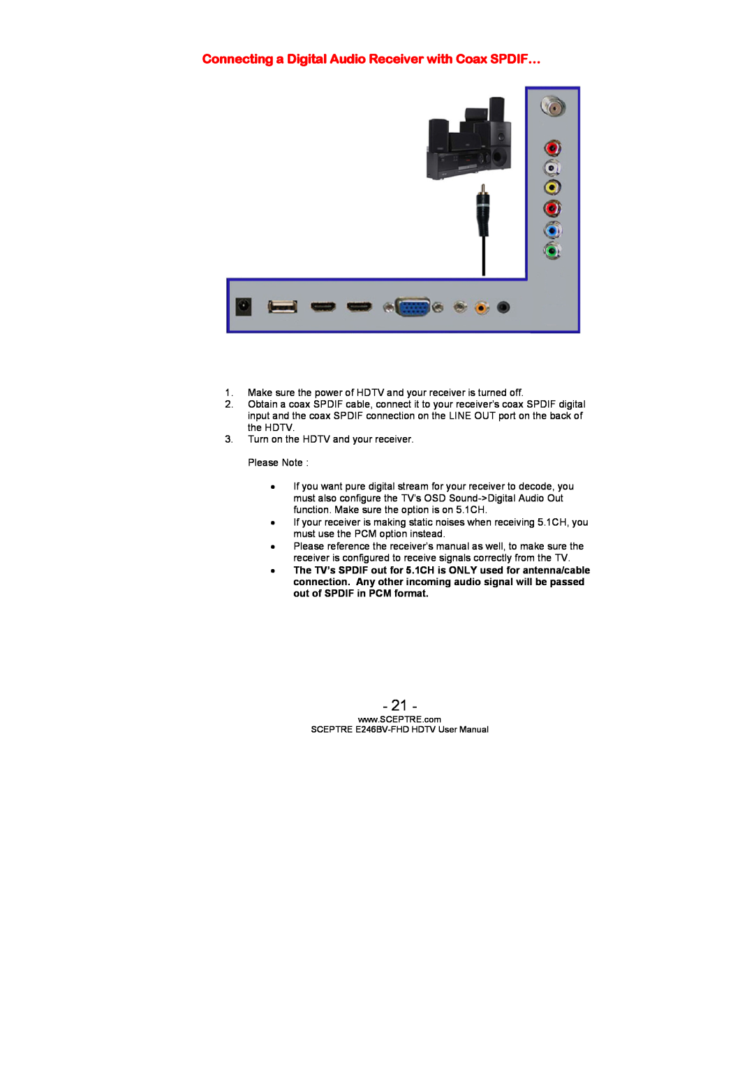 Sceptre Technologies E246BV-FHD, LED HDTV, E236BV-FHD user manual Connecting a Digital Audio Receiver with Coax SPDIF… 
