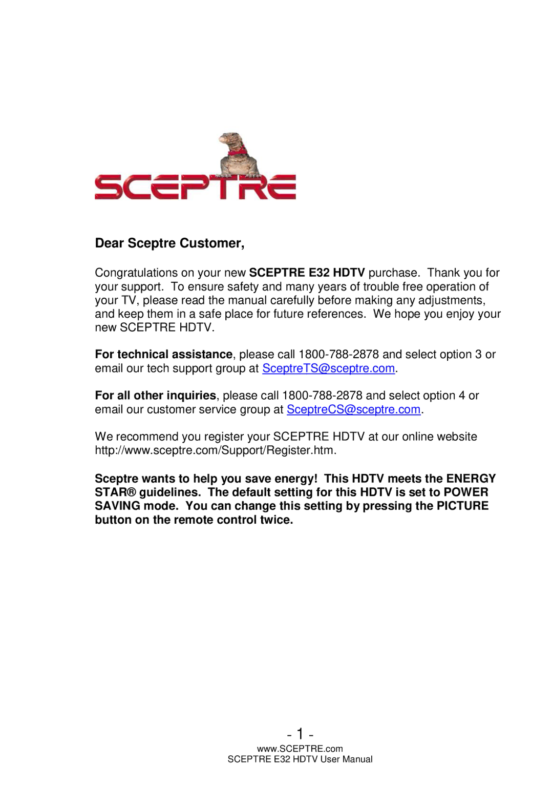 Sceptre Technologies E32 user manual Dear Sceptre Customer 