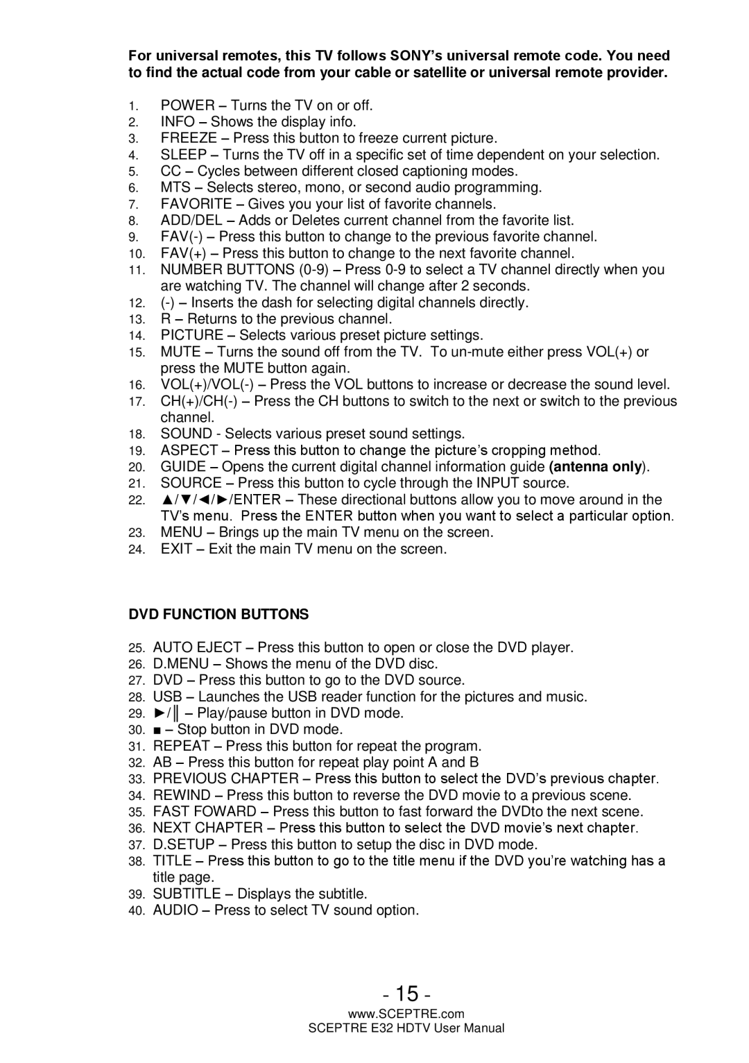 Sceptre Technologies E32 user manual DVD Function Buttons 