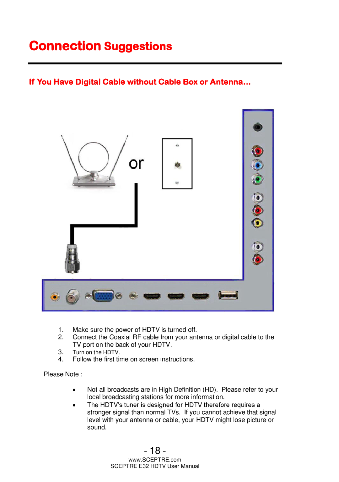 Sceptre Technologies E32 user manual Connection Suggestions, If You Have Digital Cable without Cable Box or Antenna… 