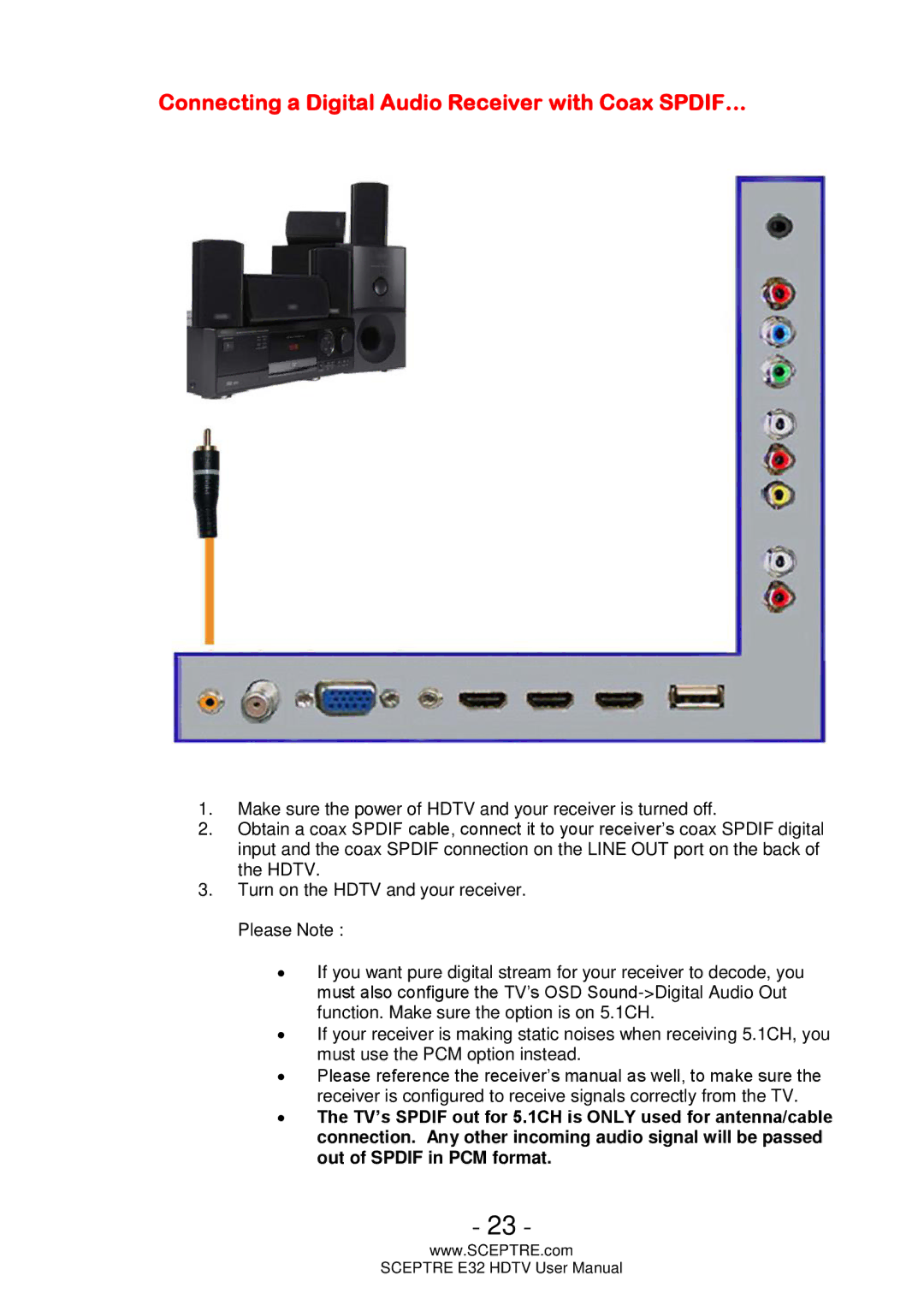 Sceptre Technologies E32 user manual Connecting a Digital Audio Receiver with Coax SPDIF… 