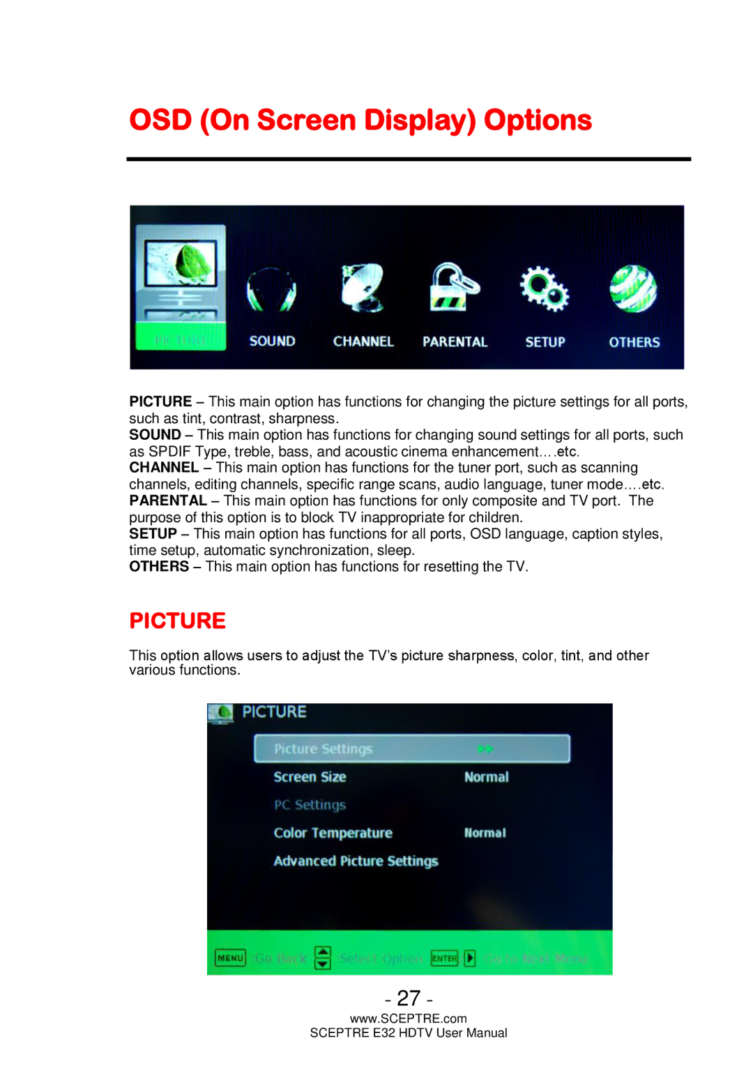 Sceptre Technologies E32 user manual OSD On Screen Display Options, Picture 