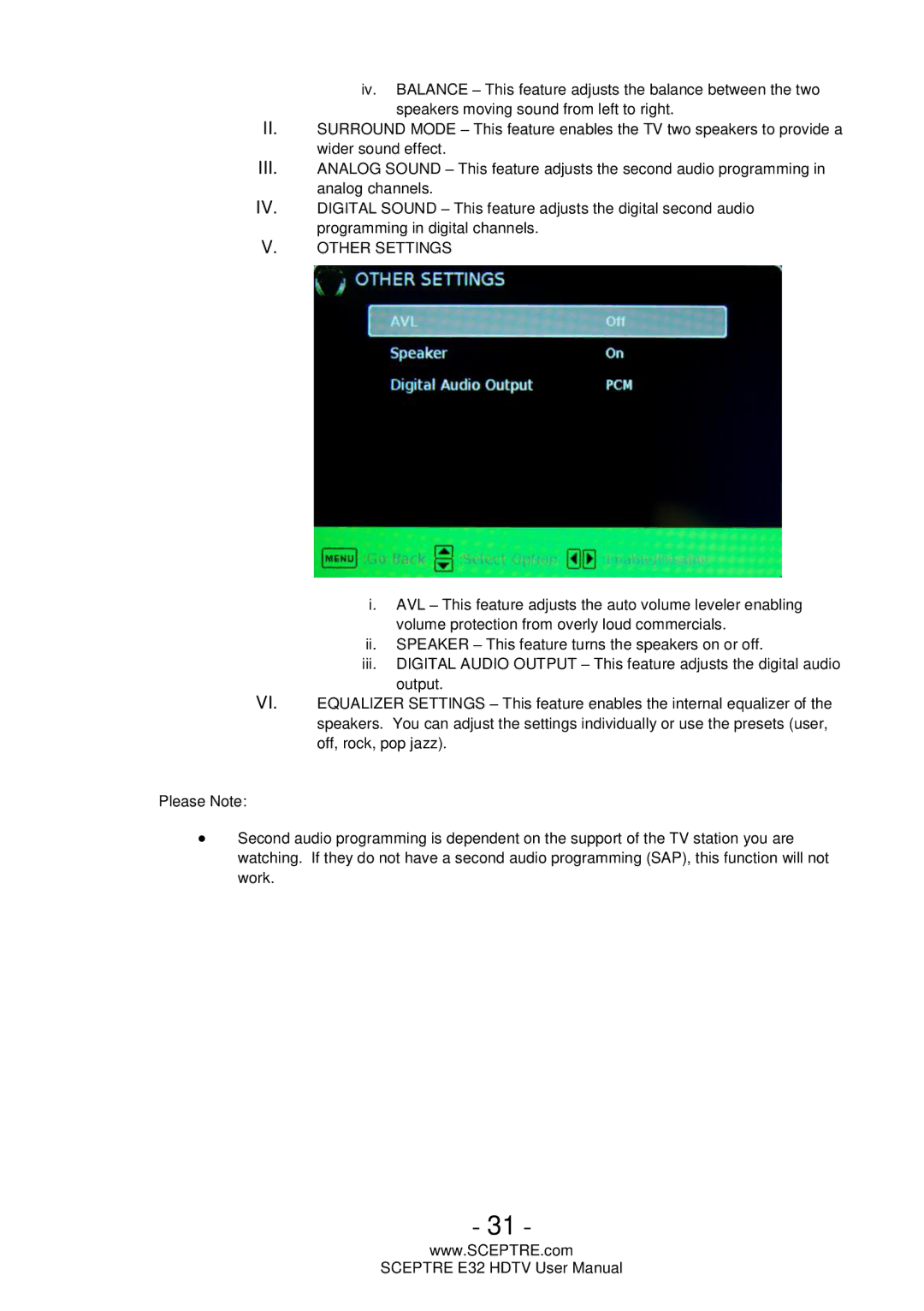 Sceptre Technologies E32 user manual Other Settings 