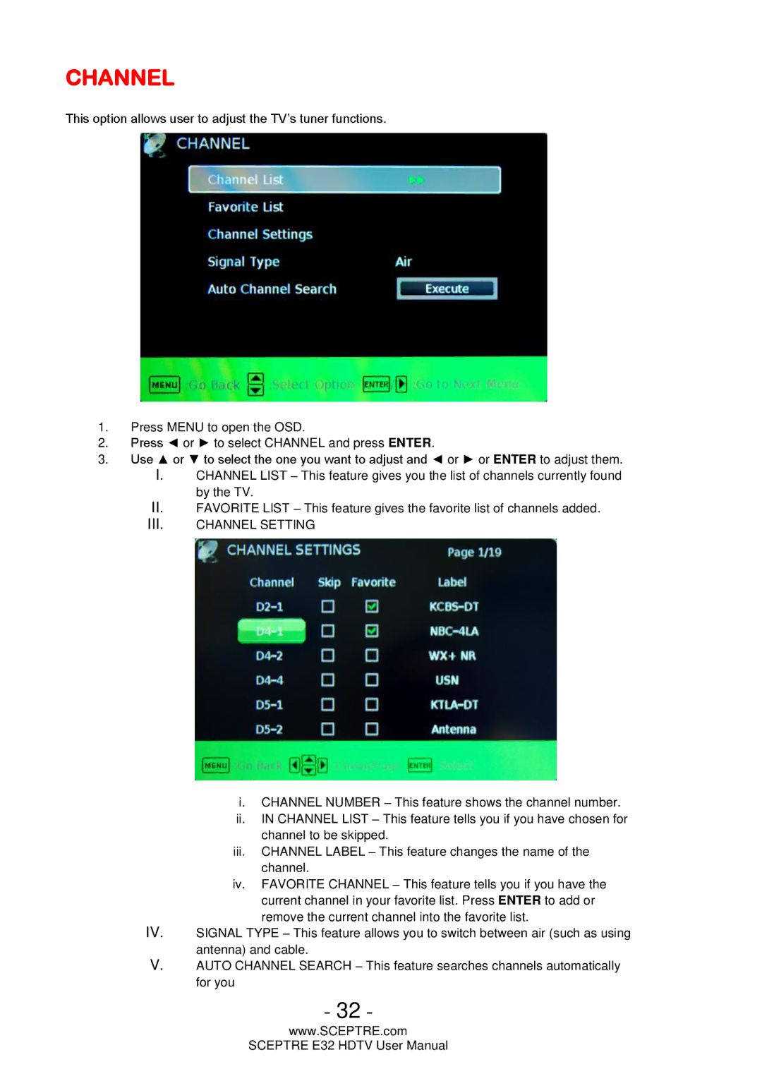 Sceptre Technologies E32 user manual III. Channel Setting 