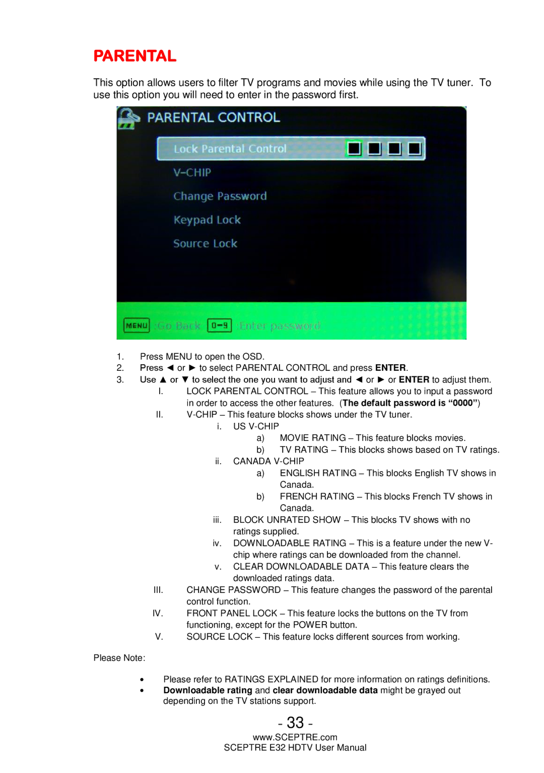 Sceptre Technologies E32 user manual Parental 