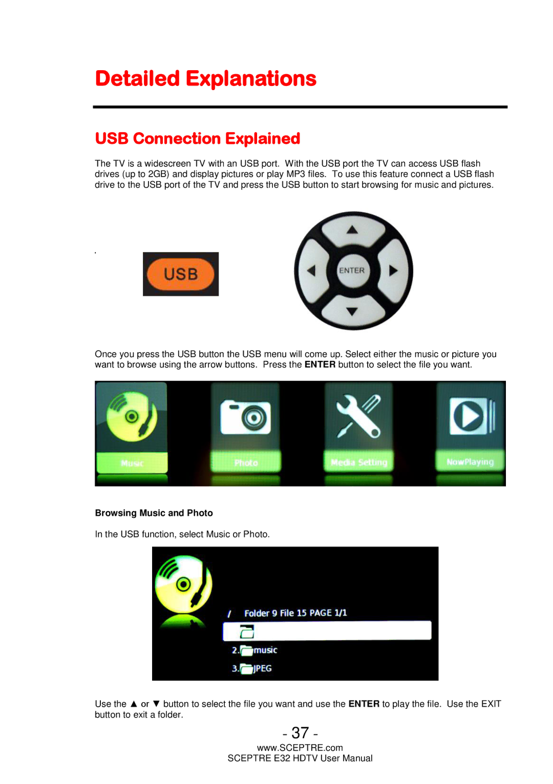 Sceptre Technologies E32 user manual Detailed Explanations, USB Connection Explained 