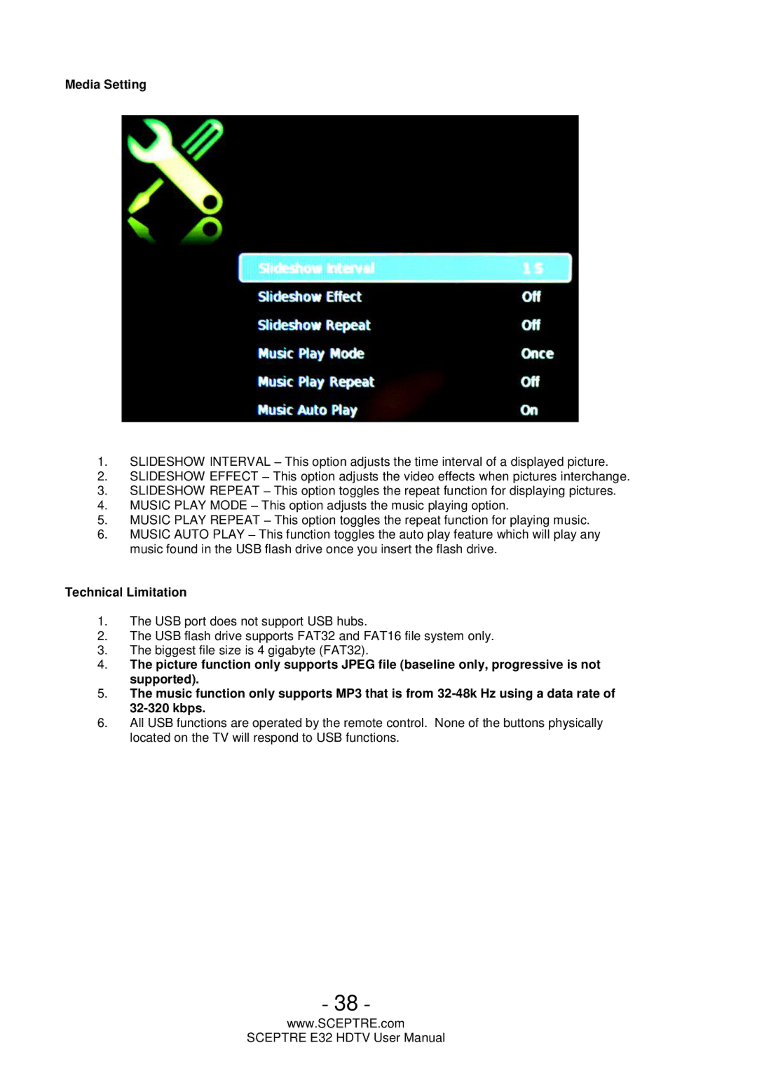 Sceptre Technologies E32 user manual Media Setting 