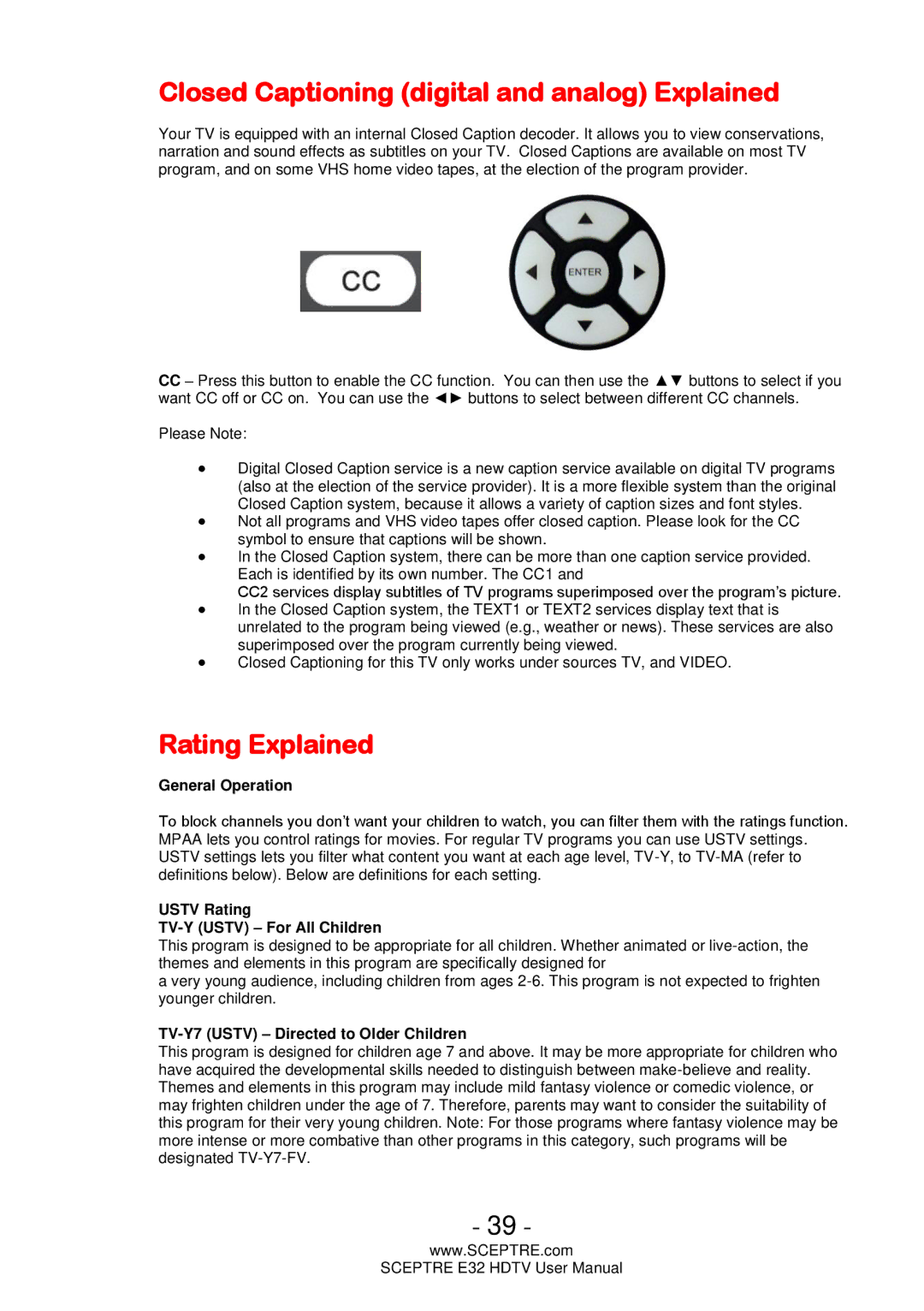 Sceptre Technologies E32 user manual Closed Captioning digital and analog Explained, Rating Explained 