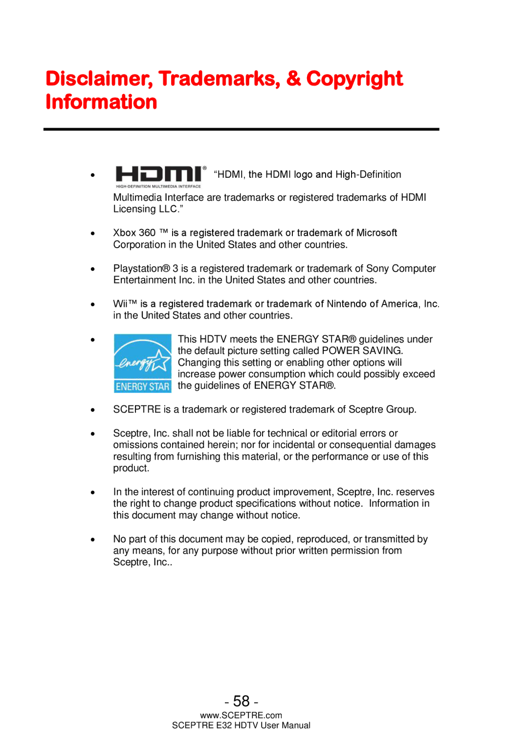 Sceptre Technologies E32 user manual Disclaimer, Trademarks, & Copyright Information 