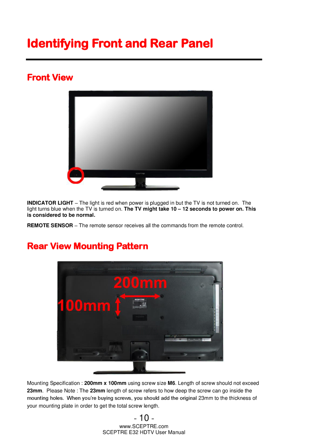 Sceptre Technologies E32 user manual Identifying Front and Rear Panel, Front View, Rear View Mounting Pattern 