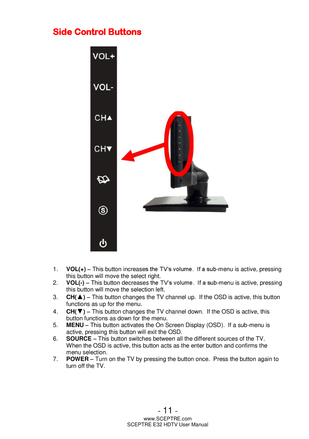 Sceptre Technologies E32 user manual Side Control Buttons 