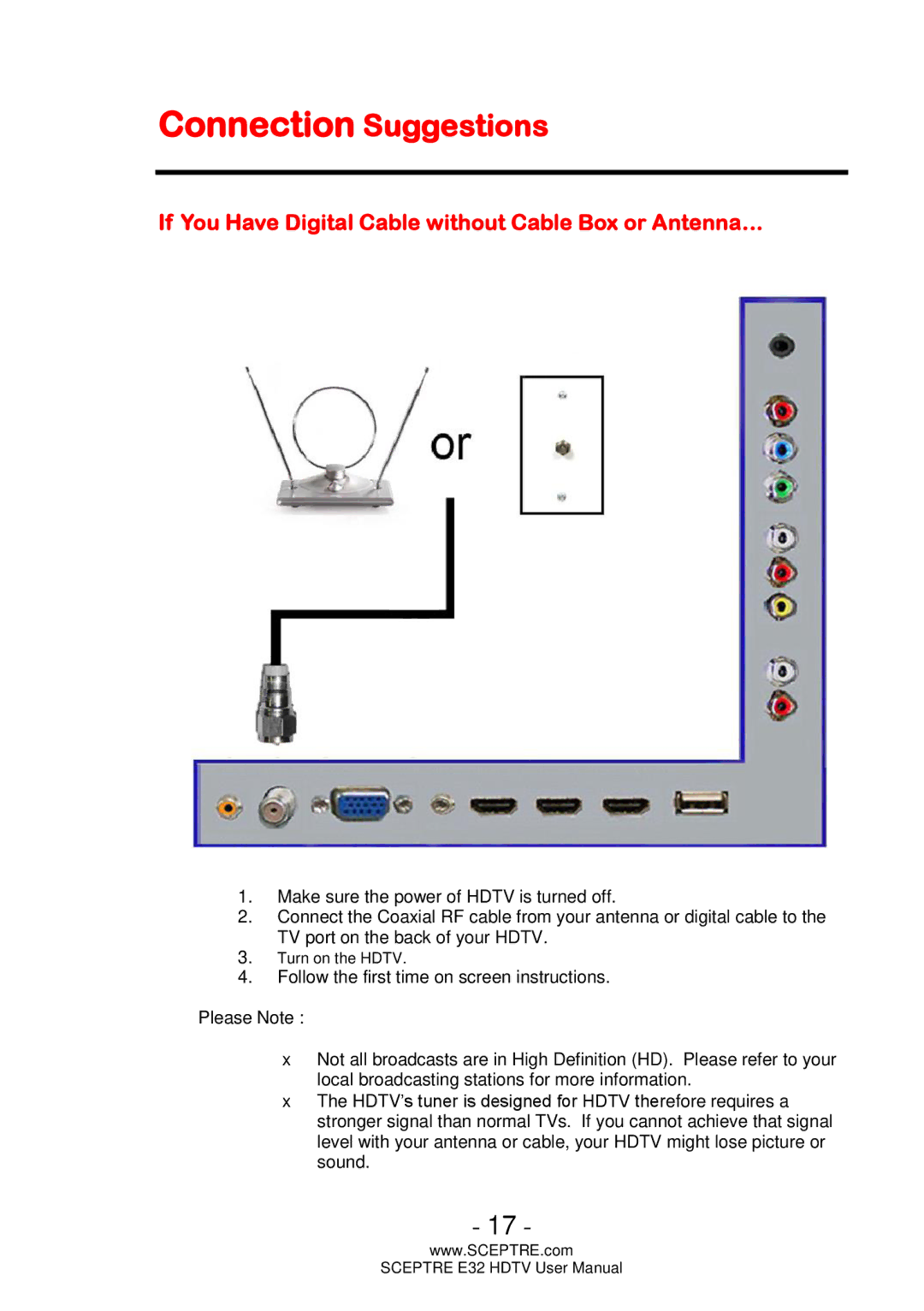 Sceptre Technologies E32 user manual Connection Suggestions, If You Have Digital Cable without Cable Box or Antenna… 