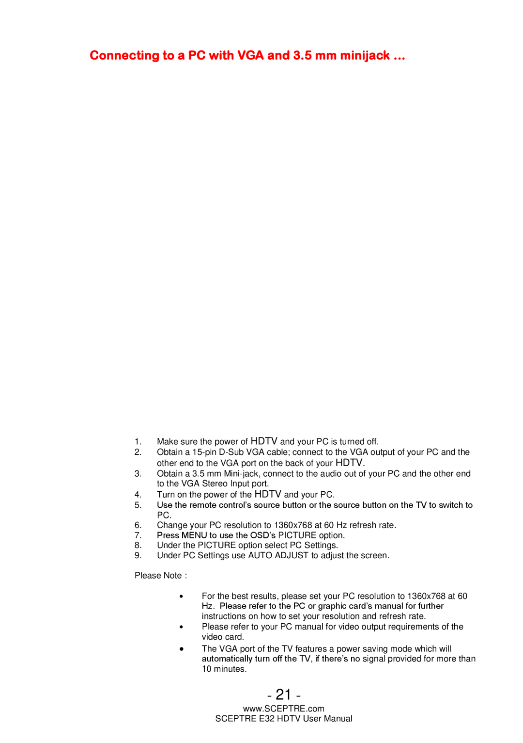 Sceptre Technologies E32 user manual Connecting to a PC with VGA and 3.5 mm minijack … 