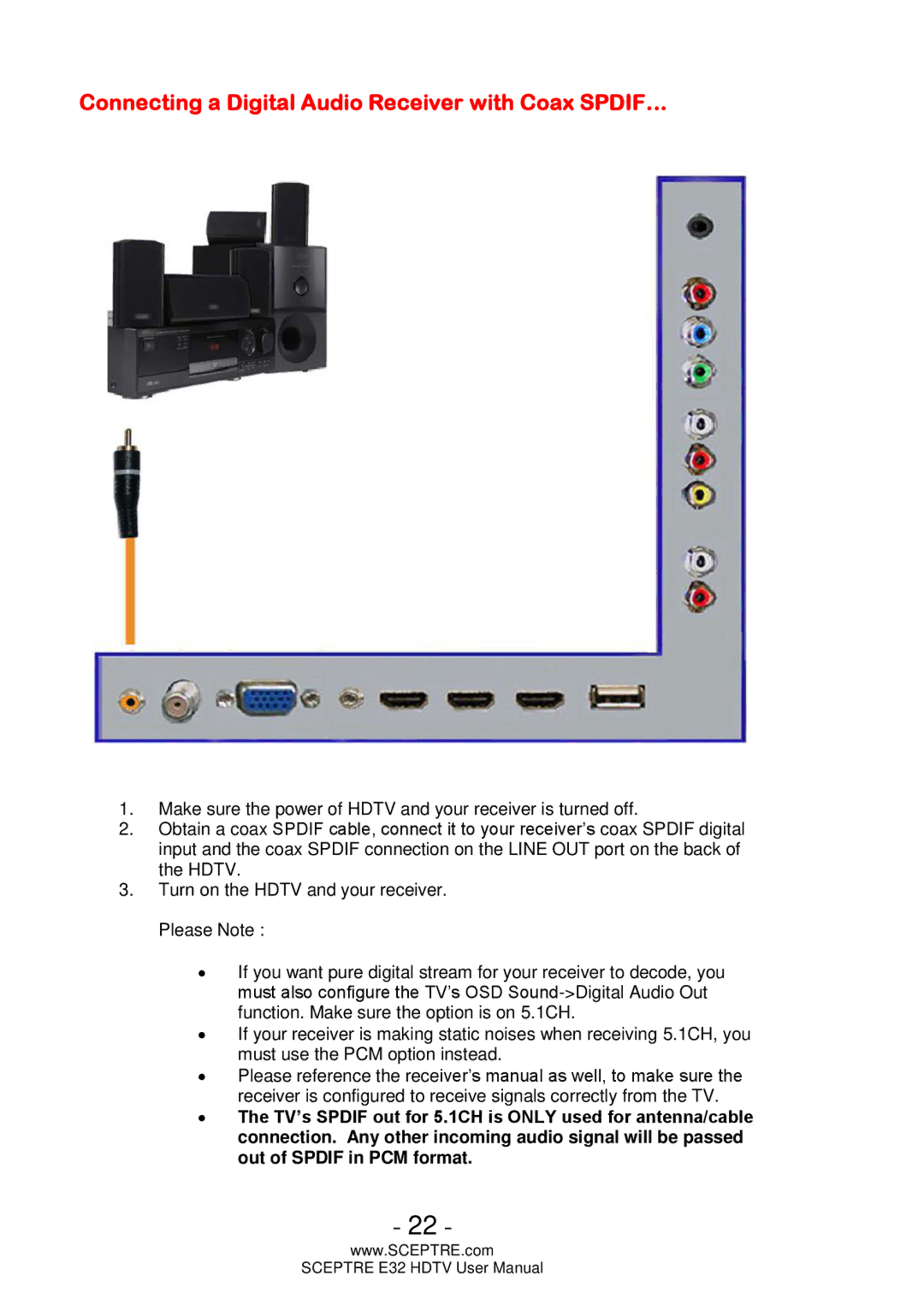 Sceptre Technologies E32 user manual Connecting a Digital Audio Receiver with Coax SPDIF… 