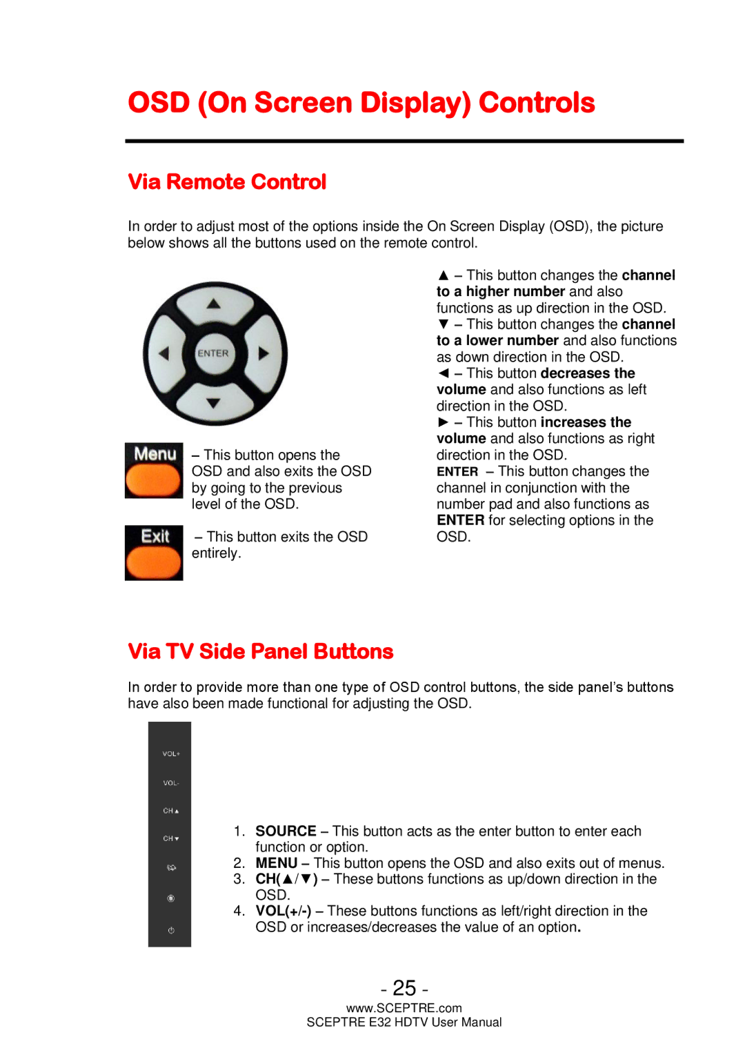 Sceptre Technologies E32 user manual OSD On Screen Display Controls, Via Remote Control, Via TV Side Panel Buttons 