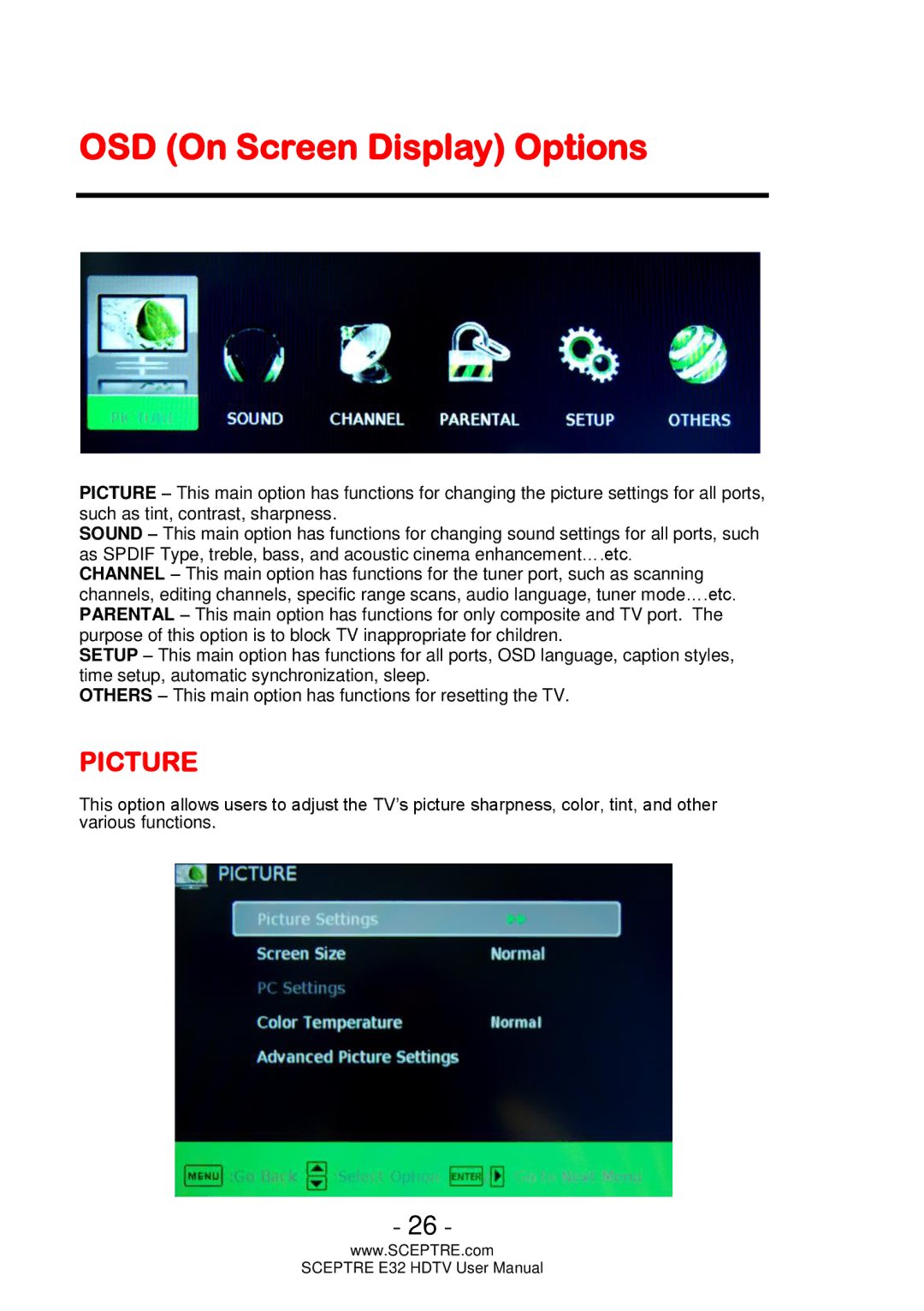 Sceptre Technologies E32 user manual OSD On Screen Display Options, Picture 