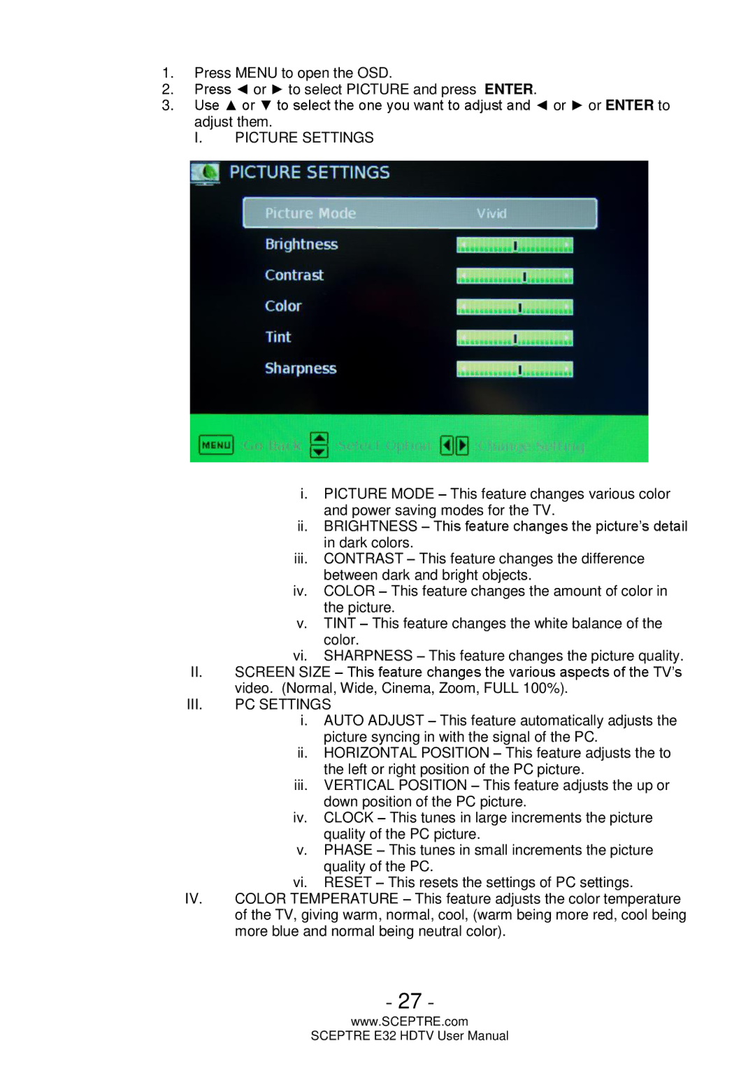 Sceptre Technologies E32 user manual Picture Settings, III. PC Settings 