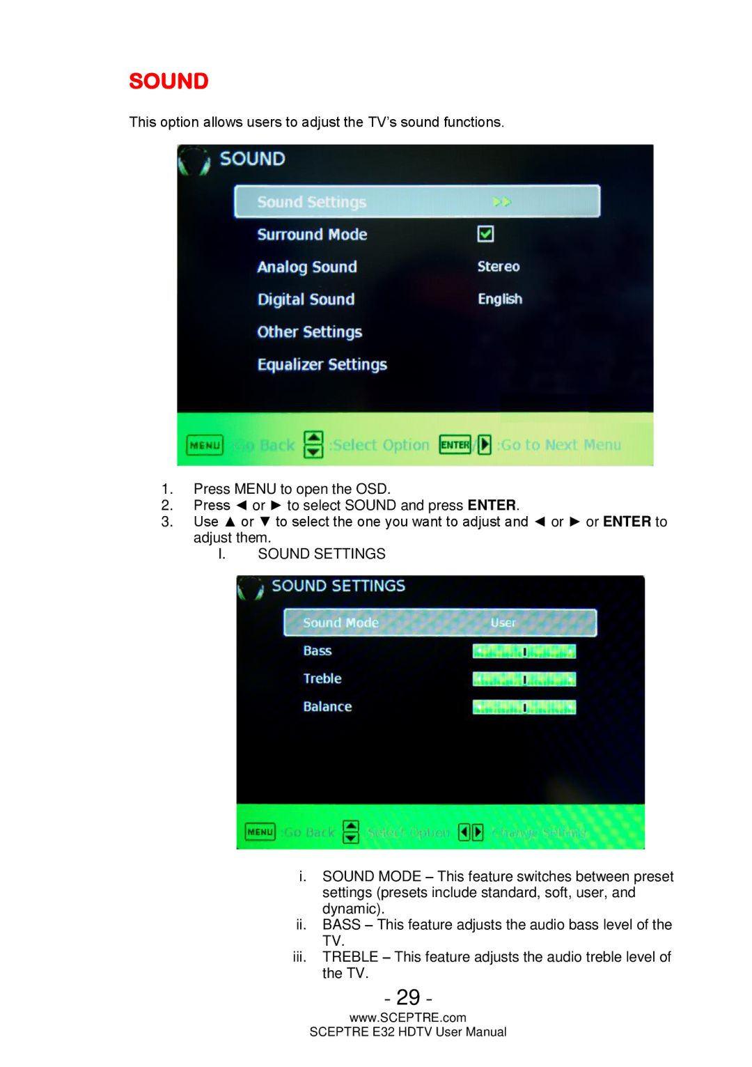 Sceptre Technologies E32 user manual Sound Settings 