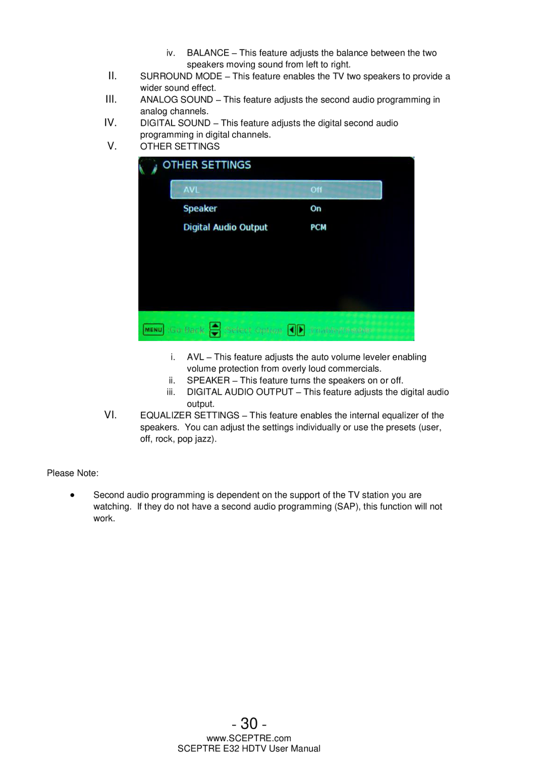 Sceptre Technologies E32 user manual Other Settings 